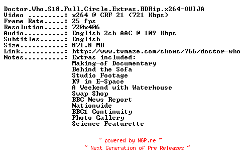 NFO for the release Doctor.Who.S18.Full.Circle.Extras.BDRip.x264-OUIJA by OUIJA