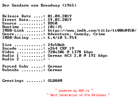 NFO for the release Der.Gendarm.vom.Broadway.German.1965.AC3.BDRiP.x264.iNTERNAL-SPiCY by SPiCY