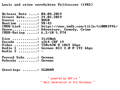 NFO for the release Louis.und.seine.verrueckten.Politessen.German.1979.AC3.BDRiP.x264.iNTERNAL-SPiCY by SPiCY