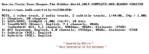 NFO for the release How.to.Train.Your.Dragon.The.Hidden.World.2019.COMPLETE.UHD.BLURAY-COASTER by COASTER