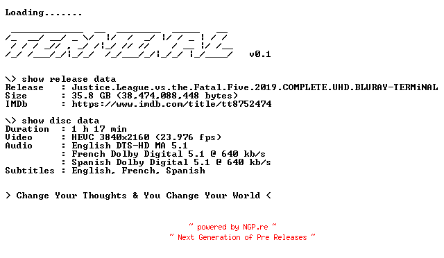 NFO for the release Justice.League.vs.the.Fatal.Five.2019.COMPLETE.UHD.BLURAY-TERMiNAL by TERMiNAL