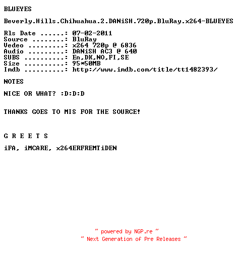 NFO for the release Beverly.Hills.Chihuahua.2.DANiSH.720p.BluRay.x264-BLUEYES by BLUEYES