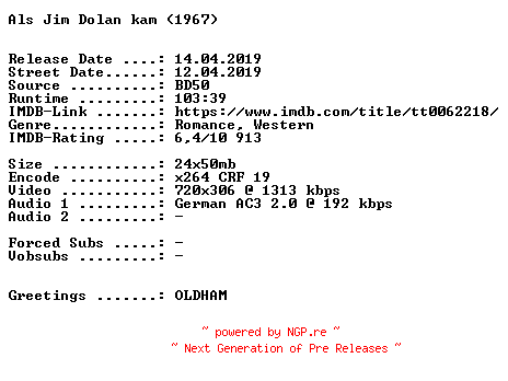 NFO for the release Als.Jim.Dolan.kam.German.1967.AC3.BDRiP.x264.iNTERNAL-SPiCY by SPiCY