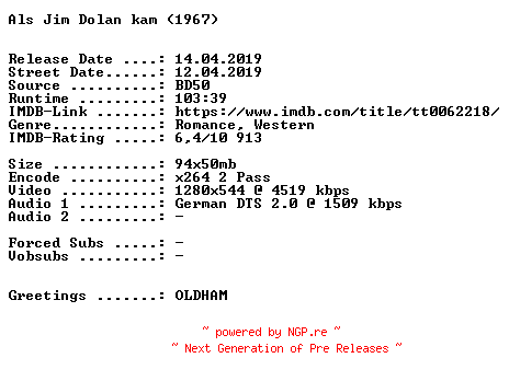 NFO for the release Als.Jim.Dolan.kam.1967.German.720p.BluRay.x264-SPiCY by SPiCY