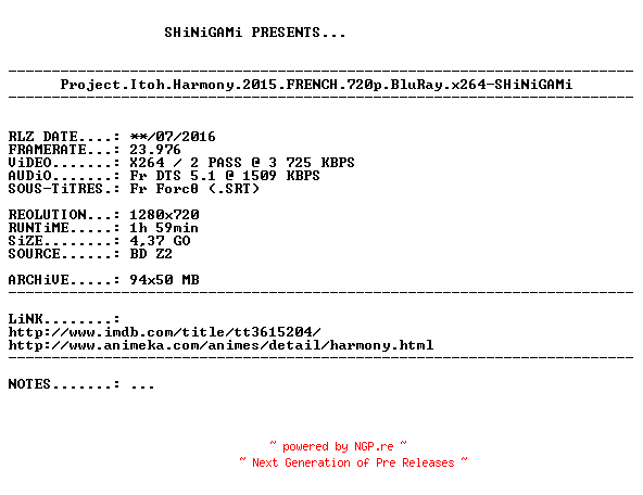 NFO for the release Project.Itoh.Harmony.2015.FRENCH.720p.BluRay.x264-SHiNiGAMi by SHiNiGAMi