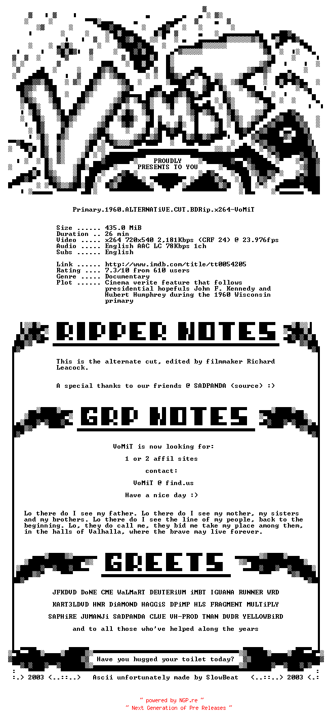 NFO for the release Primary.1960.ALTERNATiVE.CUT.BDRip.x264-VoMiT by VoMiT