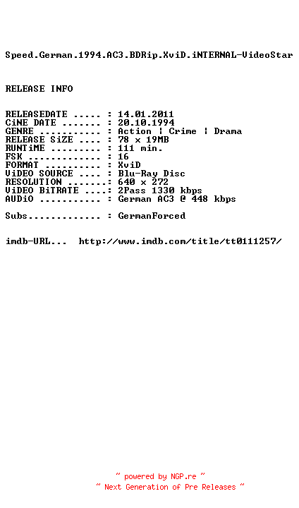 NFO for the release Speed.German.1994.AC3.BDRip.XviD.iNTERNAL-VideoStar by VideoStar