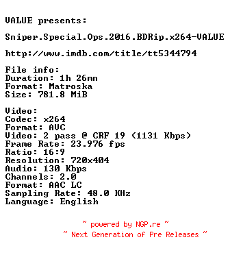NFO for the release Sniper.Special.Ops.2016.BDRip.x264-VALUE by VALUE