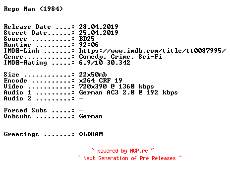 NFO for the release Repo.Man.German.1984.AC3.BDRiP.x264.iNTERNAL-SPiCY by SPiCY