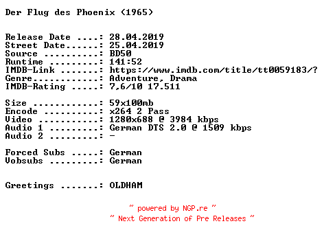 NFO for the release Der.Flug.des.Phoenix.1965.German.720p.BluRay.x264-SPiCY by SPiCY