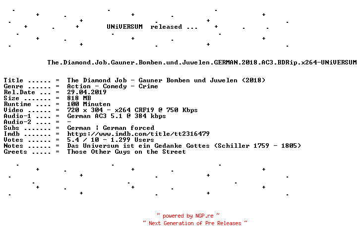NFO for the release The.Diamond.Job.Gauner.Bomben.und.Juwelen.GERMAN.2018.AC3.BDRip.x264-UNiVERSUM by UNiVERSUM