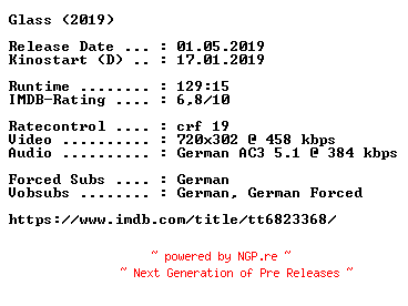 NFO for the release Glass.German.2019.AC3.BDRip.x264-COiNCiDENCE by COiNCiDENCE