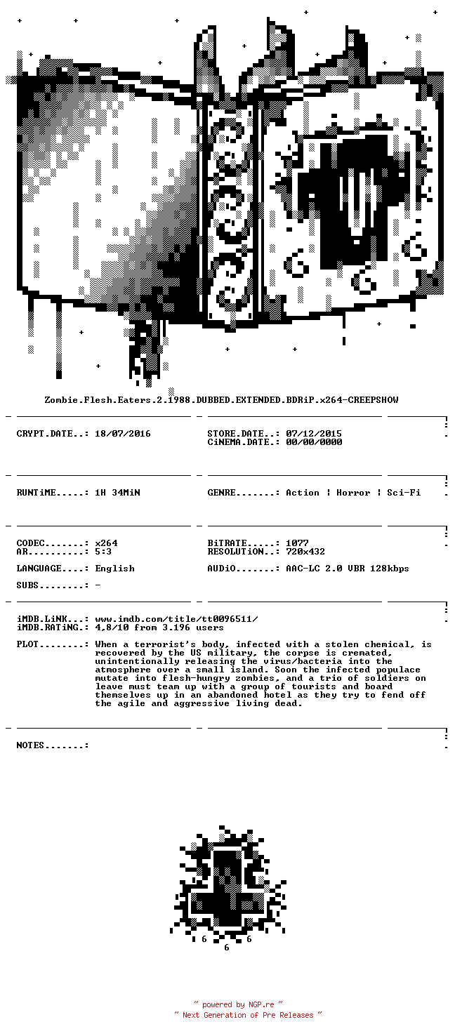 NFO for the release Zombie.Flesh.Eaters.2.1988.DUBBED.EXTENDED.BDRiP.x264-CREEPSHOW by CREEPSHOW