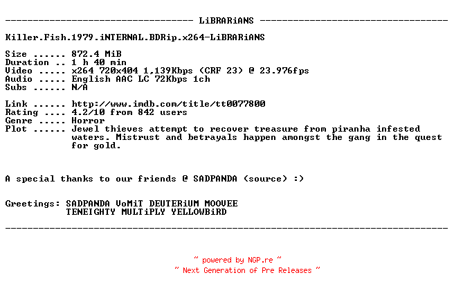 NFO for the release Killer.Fish.1979.iNTERNAL.BDRip.x264-LiBRARiANS by LiBRARiANS