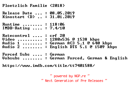 NFO for the release Ploetzlich.Familie.2018.German.DL.720p.BluRay.x264-COiNCiDENCE by COiNCiDENCE