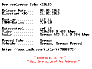 NFO for the release Der.verlorene.Sohn.German.2018.AC3.BDRip.x264-COiNCiDENCE by COiNCiDENCE