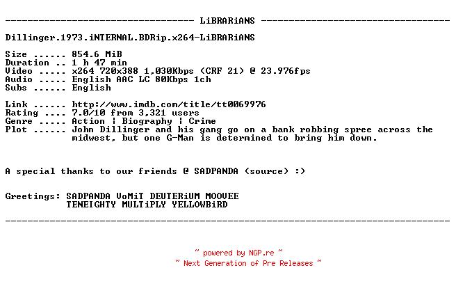 NFO for the release Dillinger.1973.iNTERNAL.BDRip.x264-LiBRARiANS by LiBRARiANS