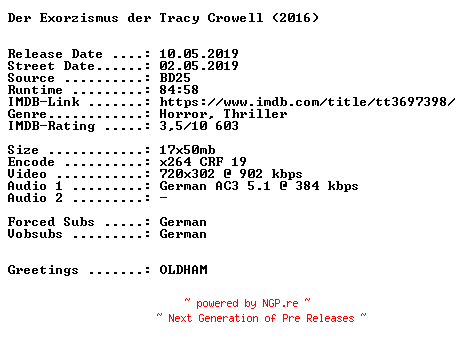NFO for the release Der.Exorzismus.der.Tracy.Crowell.UNCUT.German.2016.AC3.BDRip.x264-SPiCY by SPiCY