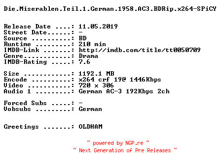 NFO for the release Die.Miserablen.Teil.1.German.1958.AC3.BDRip.x264-SPiCY by SPiCY