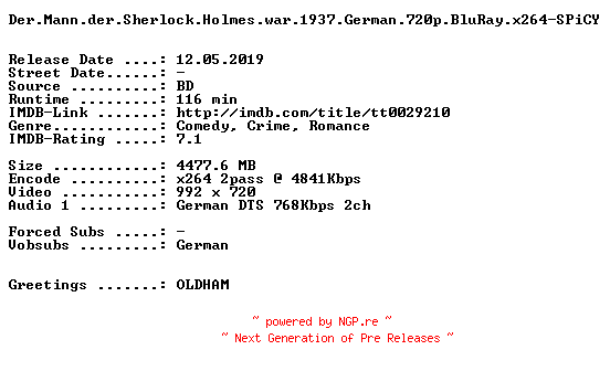 NFO for the release Der.Mann.der.Sherlock.Holmes.war.1937.German.720p.BluRay.x264-SPiCY by SPiCY