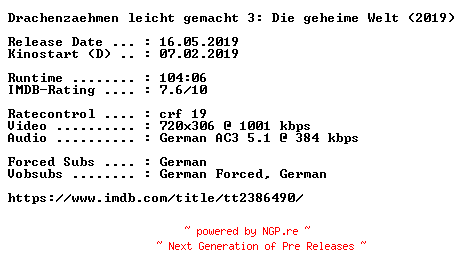 NFO for the release Drachenzaehmen.leicht.gemacht.3.Die.geheime.Welt.German.2019.AC3.BDRip.x264-COiNCiDENCE by COiNCiDENCE