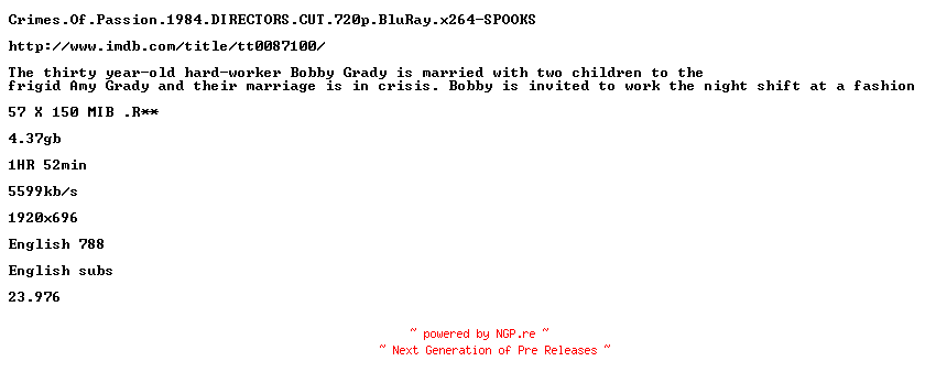 NFO for the release Crimes.Of.Passion.1984.DIRECTORS.CUT.720p.BluRay.x264-SPOOKS by SPOOKS