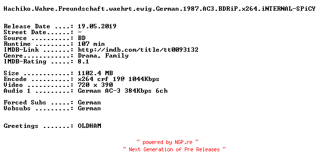 NFO for the release Hachiko.Wahre.Freundschaft.waehrt.ewig.German.1987.AC3.BDRiP.x264.iNTERNAL-SPiCY by SPiCY