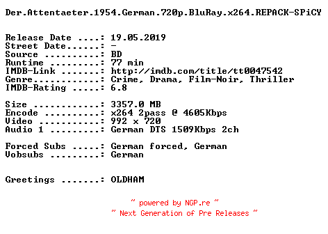 NFO for the release Der.Attentaeter.1954.German.720p.BluRay.x264.REPACK-SPiCY by SPiCY