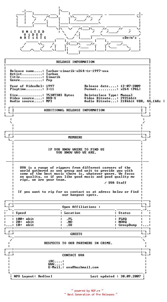 NFO for the release Tarkan-simarik-x264-tr-1997-uva by uva
