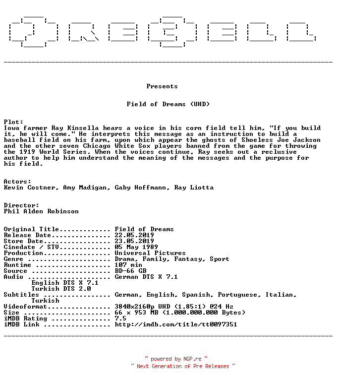 NFO for the release Field.of.Dreams.1989.MULTi.COMPLETE.UHD.BLURAY-PRECELL by PRECELL