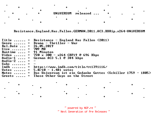 NFO for the release Resistance.England.Has.Fallen.GERMAN.2011.AC3.BDRip.x264-UNiVERSUM by UNiVERSUM