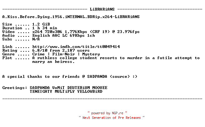 NFO for the release A.Kiss.Before.Dying.1956.iNTERNAL.BDRip.x264-LiBRARiANS by LiBRARiANS