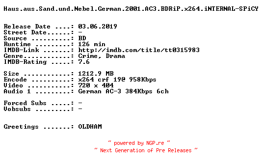 NFO for the release Haus.aus.Sand.und.Nebel.German.2001.AC3.BDRiP.x264.iNTERNAL-SPiCY by SPiCY