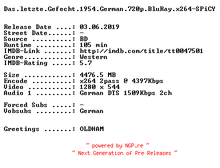 NFO for the release Das.letzte.Gefecht.1954.German.720p.BluRay.x264-SPiCY by SPiCY
