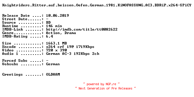 NFO for the release Knightriders.Ritter.auf.heissen.Oefen.German.1981.KiNOFASSUNG.AC3.BDRiP.x264-SPiCY by SPiCY