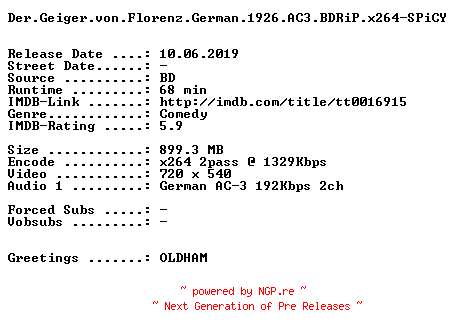 NFO for the release Der.Geiger.von.Florenz.German.1926.AC3.BDRiP.x264-SPiCY by SPiCY