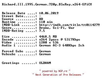 NFO for the release Richard.III.1995.German.720p.BluRay.x264-SPiCY by SPiCY