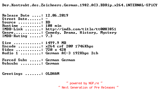 NFO for the release Der.Kontrakt.des.Zeichners.German.1982.AC3.BDRip.x264.iNTERNAL-SPiCY by SPiCY