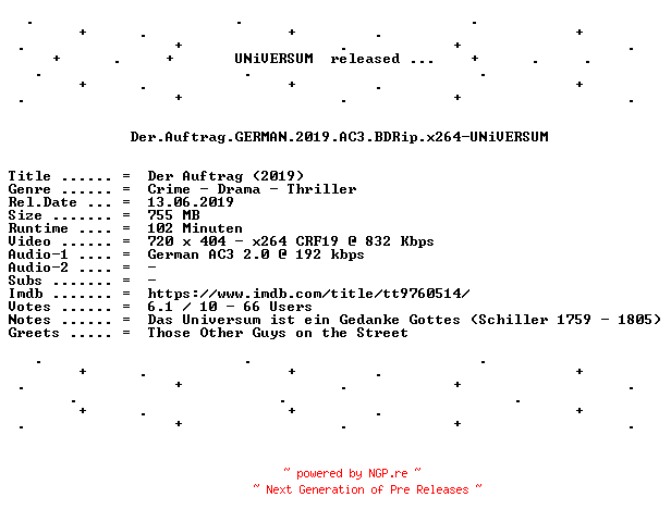 NFO for the release Der.Auftrag.GERMAN.2019.AC3.BDRip.x264-UNiVERSUM by UNiVERSUM