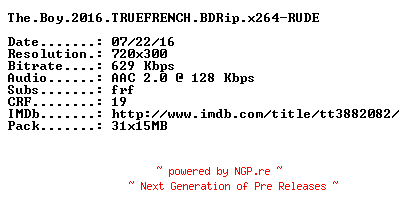 NFO for the release The.Boy.2016.TRUEFRENCH.BDRip.x264-RUDE by RUDE