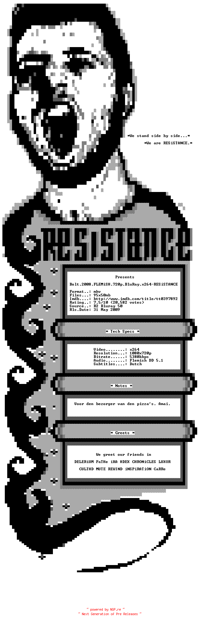 NFO for the release Bolt.2008.FLEMiSH.720p.BluRay.x264-RESiSTANCE by RESiSTANCE