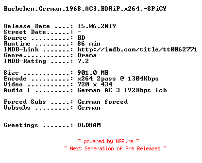 NFO for the release Buebchen.German.1968.AC3.BDRiP.x264-SPiCY by SPiCY