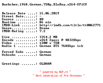 NFO for the release Buebchen.1968.German.720p.BluRay.x264-SPiCY by SPiCY