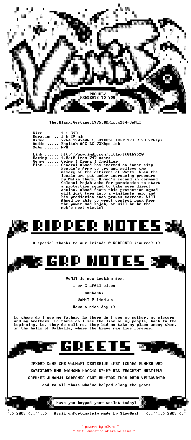 NFO for the release The.Black.Gestapo.1975.BDRip.x264-VoMiT by VoMiT