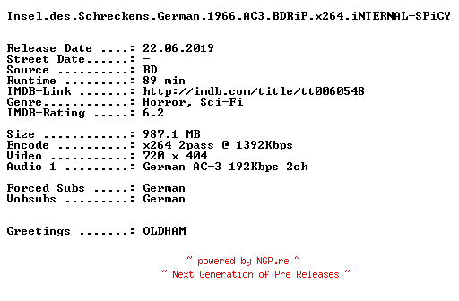 NFO for the release Insel.des.Schreckens.German.1966.AC3.BDRiP.x264.iNTERNAL-SPiCY by SPiCY
