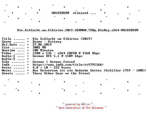 NFO for the release Die.Schlacht.um.Sibirien.2019.GERMAN.720p.BluRay.x264-UNiVERSUM by UNiVERSUM