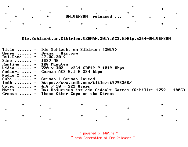 NFO for the release Die.Schlacht.um.Sibirien.GERMAN.2019.AC3.BDRip.x264-UNiVERSUM by UNiVERSUM