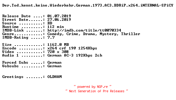 NFO for the release Der.Tod.kennt.keine.Wiederkehr.German.1973.AC3.BDRiP.x264.iNTERNAL-SPiCY by SPiCY