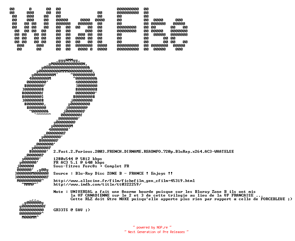 NFO for the release 2.Fast.2.Furious.2003.FRENCH.DIRNAME.READNFO.720p.BluRay.x264.AC3-WHATELSE by WHATELSE