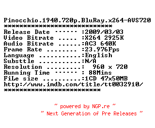 NFO for the release Pinocchio.1940.720p.BluRay.x264-AVS720 by AVS720